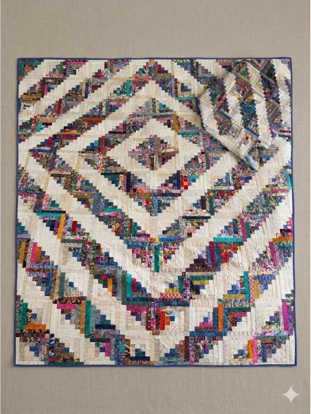 King 3pc Vintage Log Cabin Quilt Set Hand Quilted Scrappy Patchwork Shams 98x98
